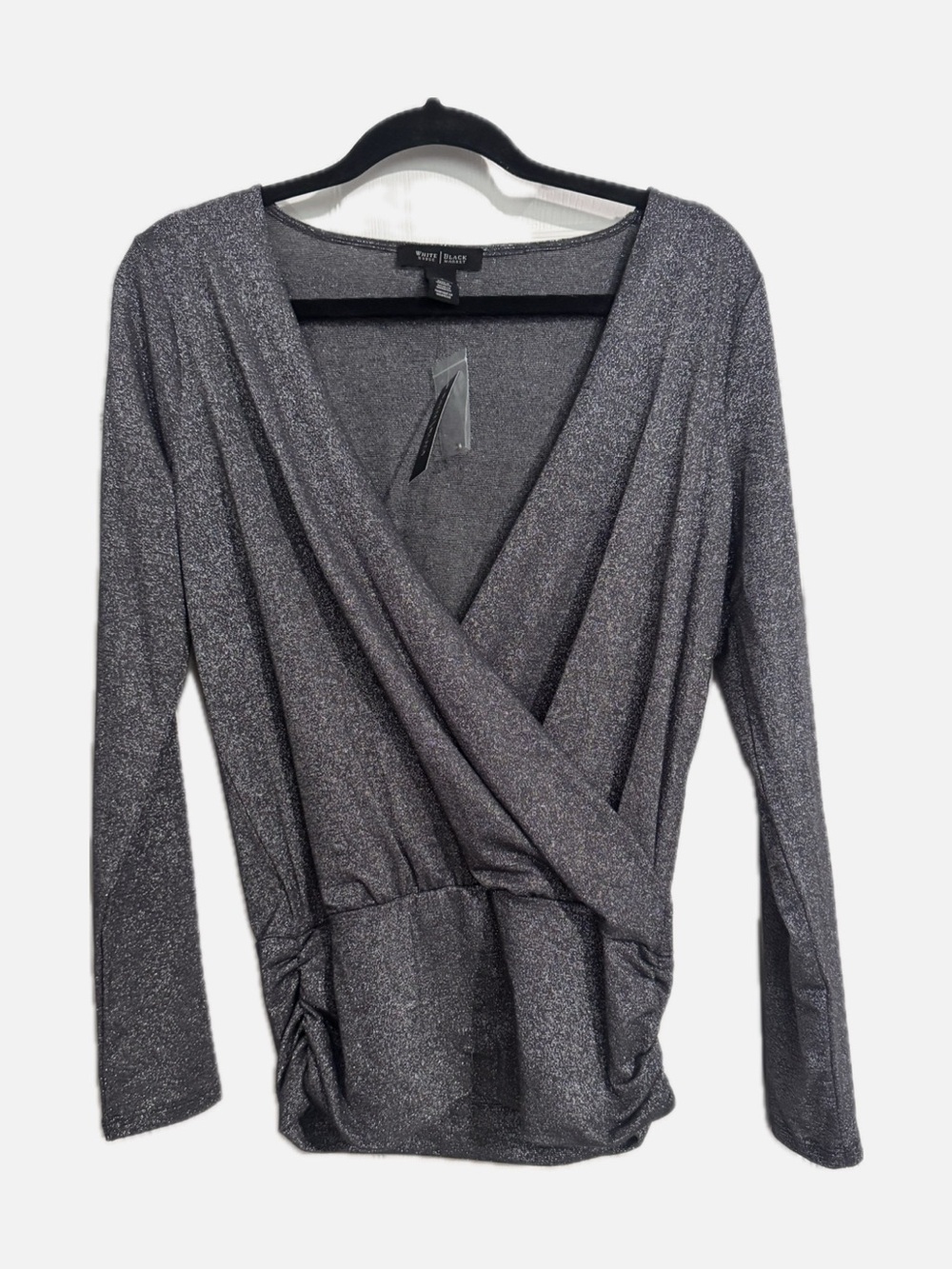 White House Black Market Metallic Gray Wrap-Front Long Sleeve Top